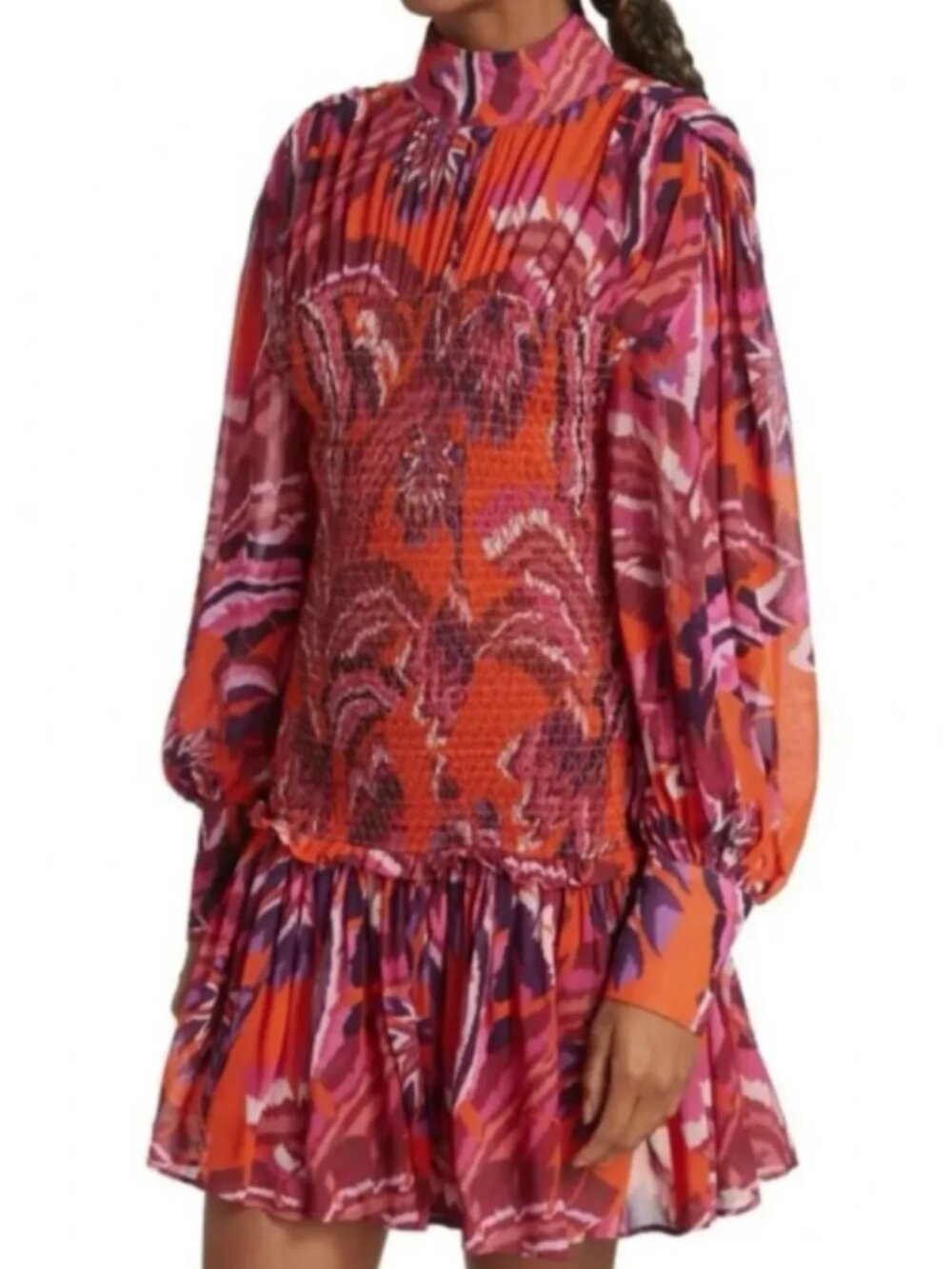 Farm Rio Orange Tropical Forest Chevron Long Sleeve Smocked Bodice Mini Dress S